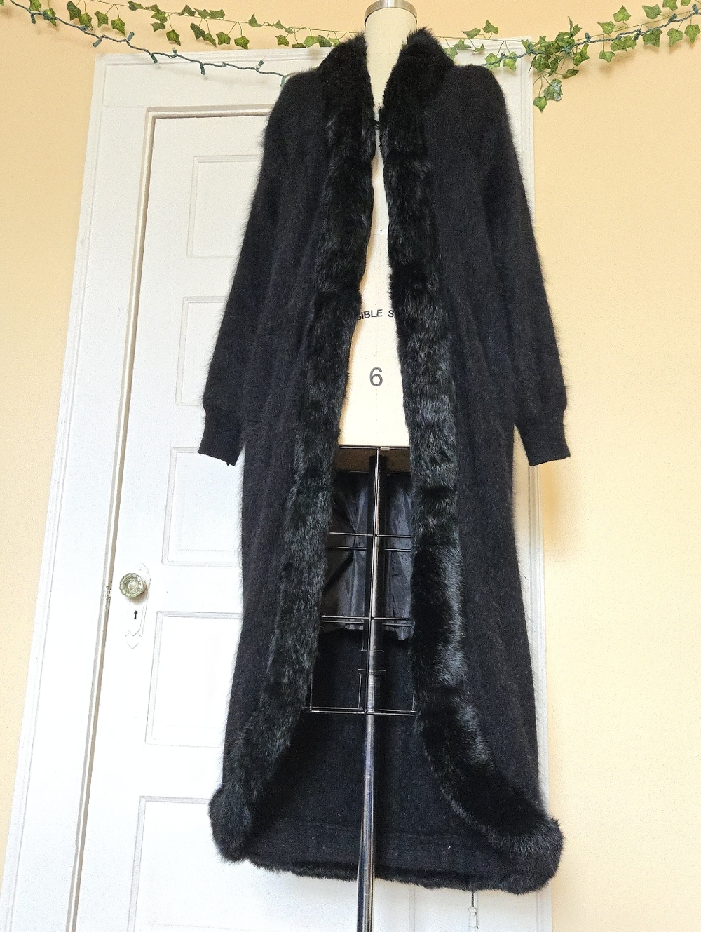 Connie A. Lee Angora blend black fur trim knit duster coat